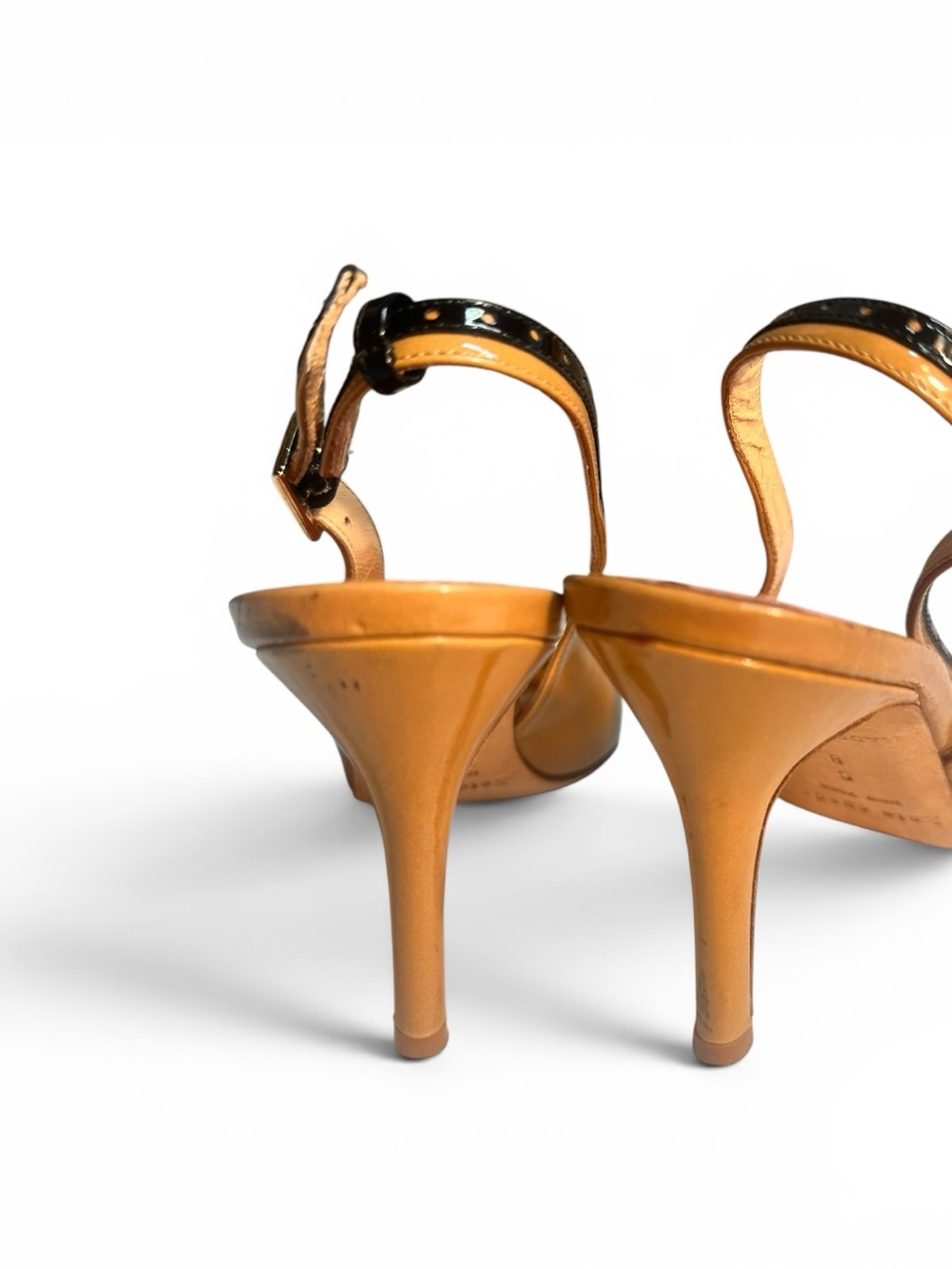 Kate Spade New York Patent Leather Slingback Heels Tan Black Peep Toe Size 6B - Picture 14 of 15
